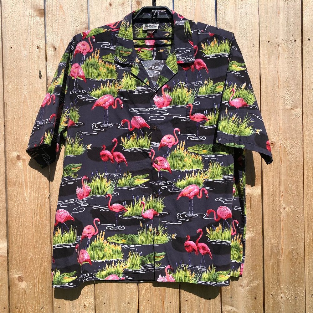 Aloha Republic Hawaiian Shirt Flamingos Aligators Gray Cotton USA Men's Size 3XL